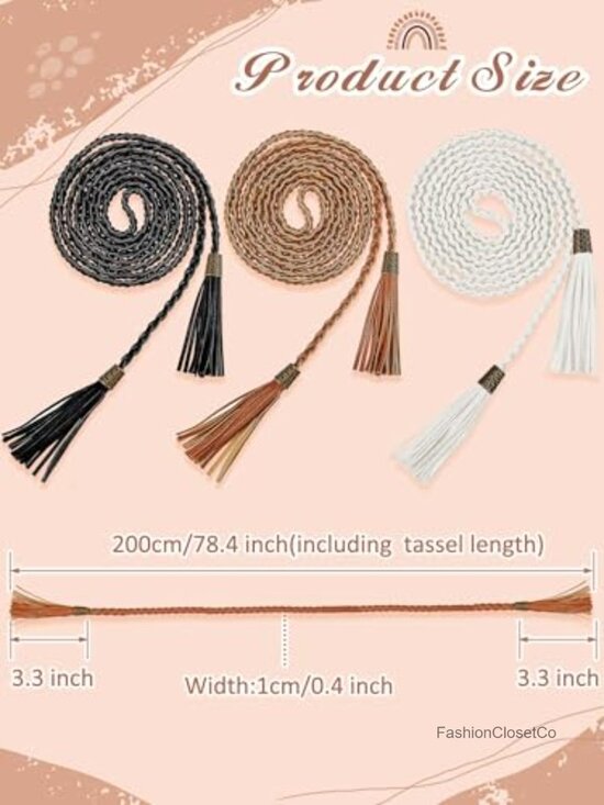 5 Pcs Faux Leather Braided Tassel Waist Belt Set, Extra Long Skinny Rope Belts main image 7